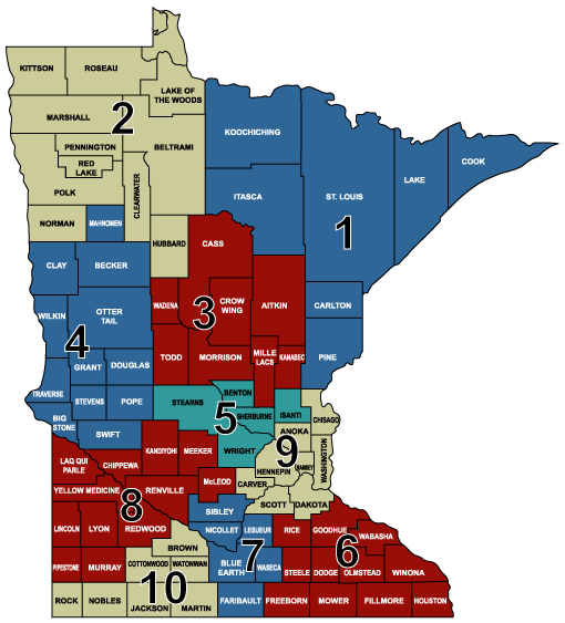 A map of the counties for the state of Minnesota